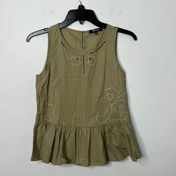Madewell Olive Green Embroidered Peplum Tank - Picture 1 of 6